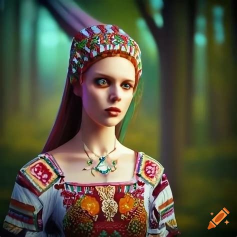 Mystical slavic christian woman in traditional attire by a mountain lake during a sunset eclipse ...