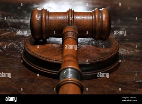 wooden gavel with sound block on desktop Stock Photo - Alamy