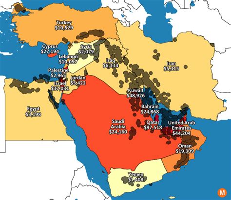 Oil deposits and GDP per capita in the Middle East - Vivid Maps