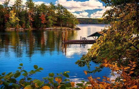 Wallpaper autumn, trees, branches, lake, island, Marina, New York, New York, Lake George, Lake ...