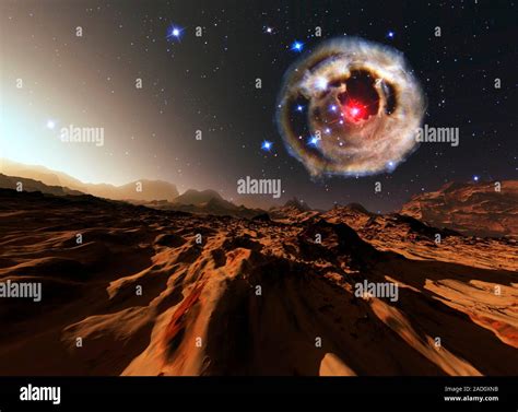 Alien planet and supernova. Computer illustration of a view across the surface of an alien ...