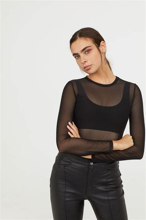 Long-sleeved Mesh Top - Black - Ladies | H&M US | Black mesh top, Black ...