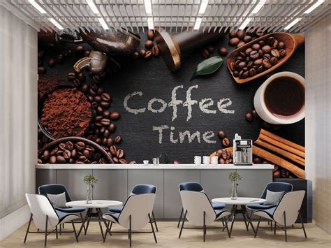 a coffee time wall mural in an office with blue chairs and white ...