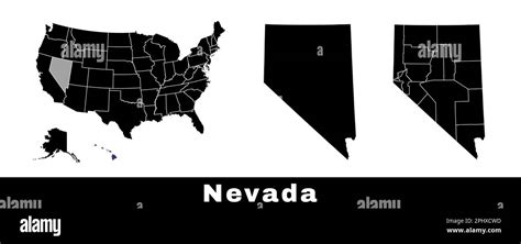 Karte des Bundesstaats Nevada, USA. Eine Reihe von Karten von Nevada mit einer Karte der Umrisse ...
