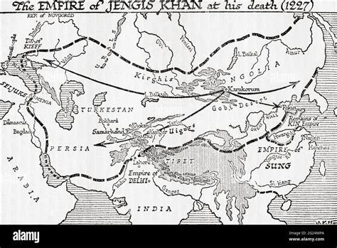 Map showing the Empire of Jengis Khan, or Genghis Khan, at his death ...