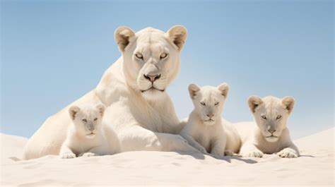 Premium AI Image | An albino lioness and her cubs peacefully resting on ...