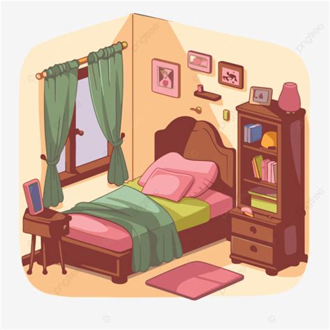Bedroom Clipart Cartoon Bedroom Illustration With Pink Bed And Brown Furniture Vector, Bedroom ...