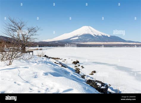 Mount Fuji at Iced Yamanaka Lake in Winter Stock Photo - Alamy