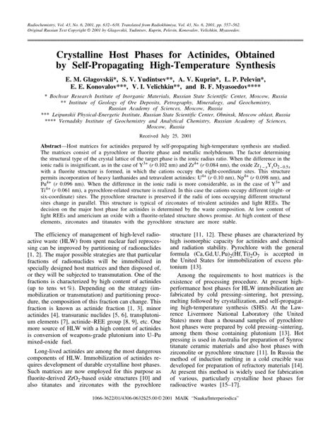 (PDF) Crystalline Host Phases for Actinides, Obtained by Self-Propagating High-Temperature Synthesis