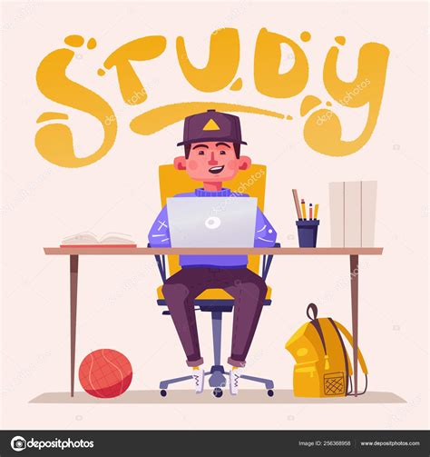 Student or schoolboy studying at the computer. Cartoon vector illustration Stock Vector by ...