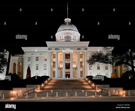 Front exterior or the Alabama State Capitol building at night, in Montgomery Alabama, USA Stock ...