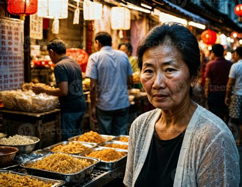 photo of senior old seller woman in china local street market at night, generative AI 34920577 ...