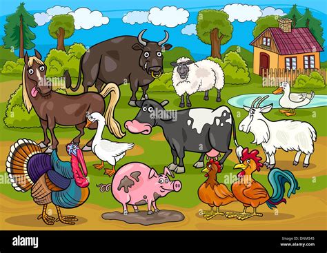 Cartoon Illustration of Country Scene with Farm Animals Livestock Big ...