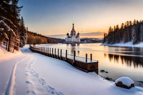 Premium AI Image | a church on a lake in the winter