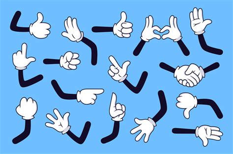 Cartoon arms. Gloved hands with different gestures, various comic hand ...