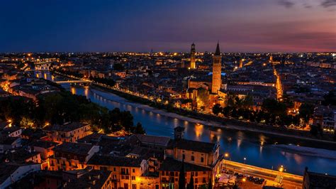 architecture, City, Cityscape, Night, Lights, Building, Verona, Italy, River, Old building ...