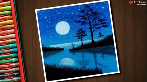 Day And Night Scenery Drawing For Beginners With Oil Pastels - How To Draw Simple Moonlight ...