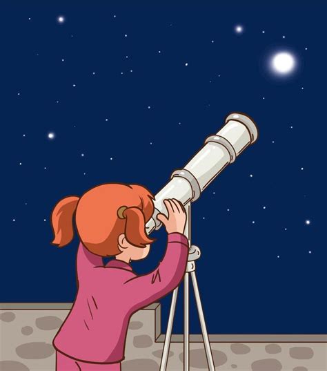 little cute girl looking through telescope at night cartoon vector illustration | Telescope ...