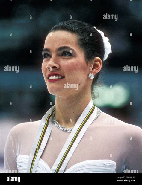 Nancy Kerrigan on the medal stand at the 1992 Winter Olympics XV, Albertville, France. Kerrigan ...