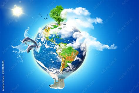 Planet earth with elements of nature and animals popping out Stock Photo | Adobe Stock