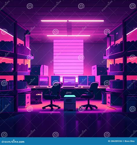 Futuristic Office Interior with Rows of Computer Tables and Chairs 3d ...