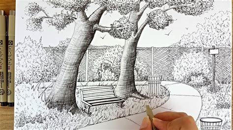 how to draw a park,inktober,ink drawings,how to draw trees,how to draw landscape,how t draw ...