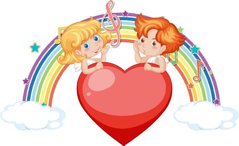 Couple of cupid angel character with melody symbols on rainbow 3215060 Vector Art at Vecteezy