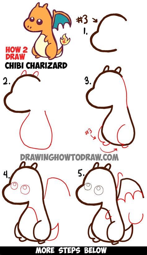 Learn How to Draw a Cute Baby Chibi Charizard from Pokemon in Simple Step by Step Drawing Lesson ...