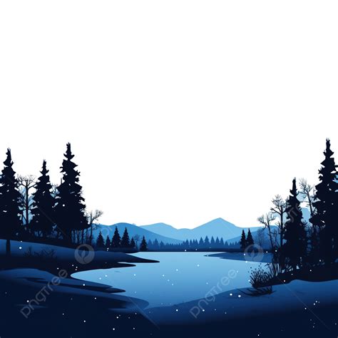 Christmas Winter Landscape With Northern Forest Silhouette, Snow, Frozen River, Night Sky PNG ...