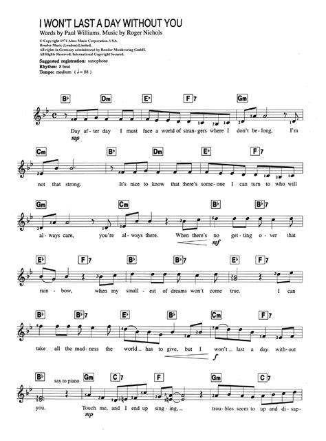 I Won't Last A Day Without You by Carpenters Sheet Music for Piano Chords/Lyrics at Sheet Music ...