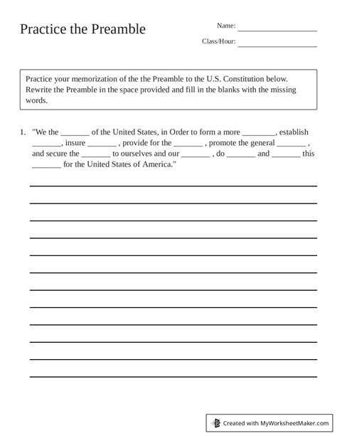 Practice the Preamble - My Worksheet Maker: Create Your Own Worksheets