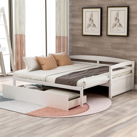 EUROCO Wooden Twin Daybed with Convertible Design and Rolling-Out Storage Drawer for Home, White ...