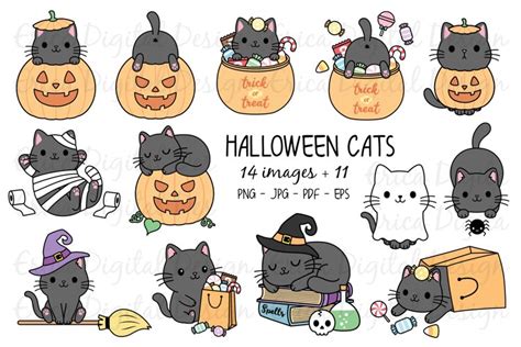 Halloween Cats Clipart set - 25 Cat images - Kawaii - Bundle