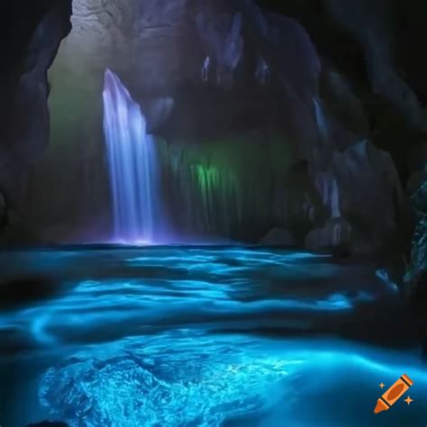 Cave with bioluminescent plants and a central waterfall inspired by pandora on Craiyon