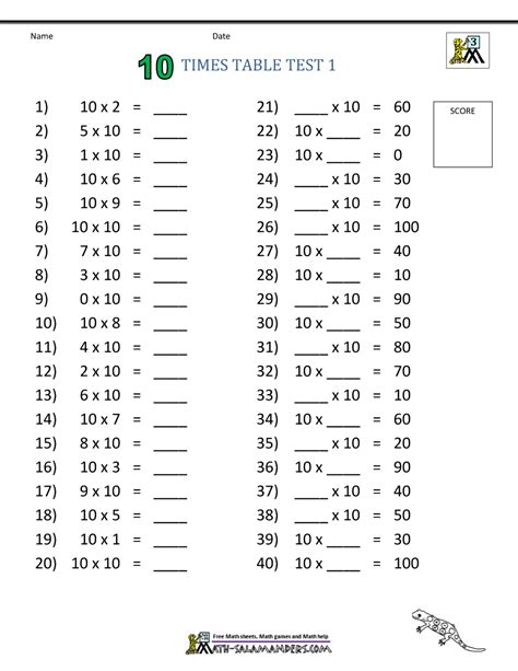 Times Table Quiz Printable