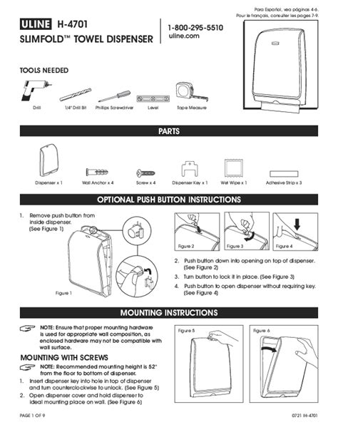 Uline H-4701 Slimfold Towel Dispenser Mounting & Loading Instructions