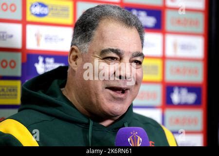 Australian head coach Mal Meninga being interviewed before the Rugby ...