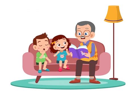 Happy kids hear story from grandfather Vector | Premium Download