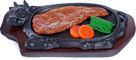 Large Cast Iron Steak Plate Sizzle Griddle with Wooden Base Steak Pan