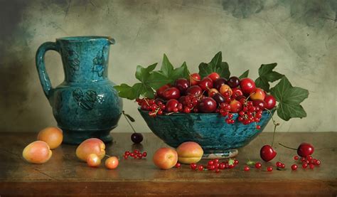 Download Apricot Cherry Bowl Vase Fruit Food Still Life HD Wallpaper by Elena Chausova