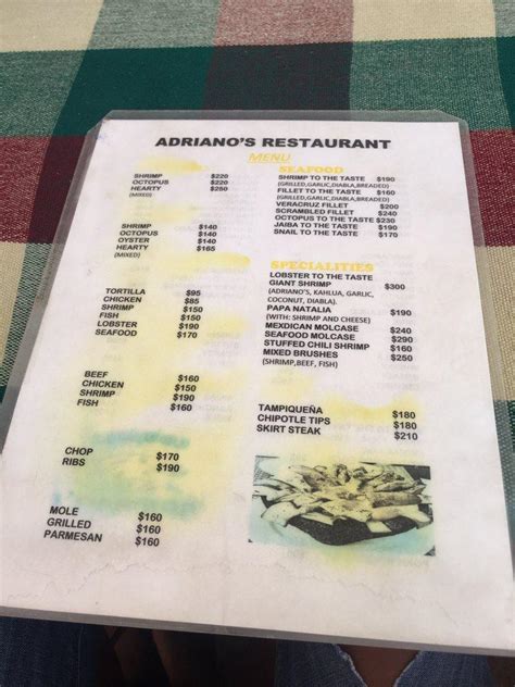 Menu at Adrianos restaurant, Bucerías