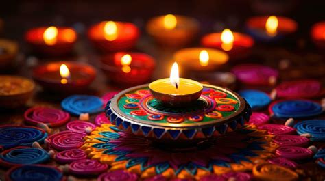 Oil lamps lit on colorful rangoli during diwali celebration Colorful clay diya lamps with ...