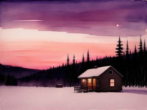 Premium AI Image | A painting of a cabin in a snowy forest with a sunset in the background