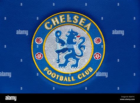 Chelsea Football Club logo on a seat in the Chelsea dug out, Chelsea ...