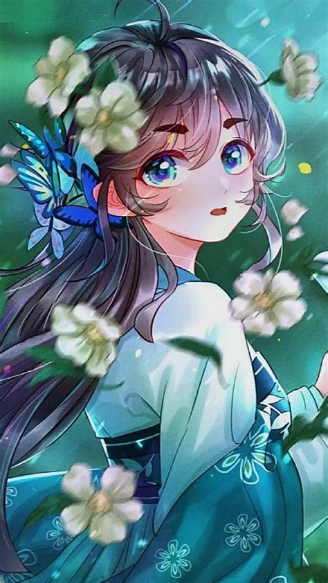 Anime girl, art, flowers, green, butterflies HD phone wallpaper | Pxfuel