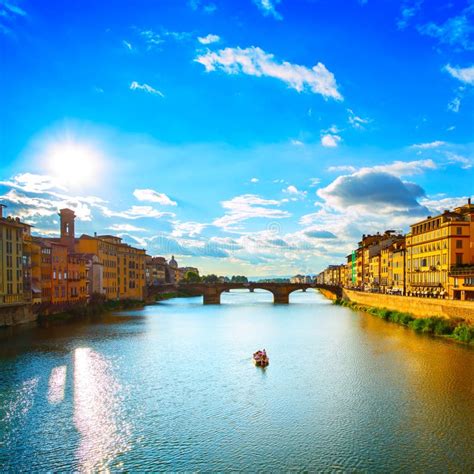 Santa Trinita Bridge on Arno River, Sunset Landscape. Florence, Stock Image - Image of european ...