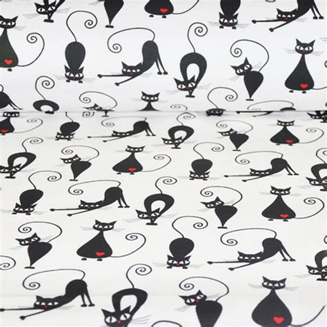 Black cat fabric Cats print fabric with tiny hearts by the | Etsy