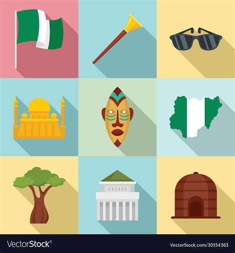 Nigeria icons set flat style Royalty Free Vector Image