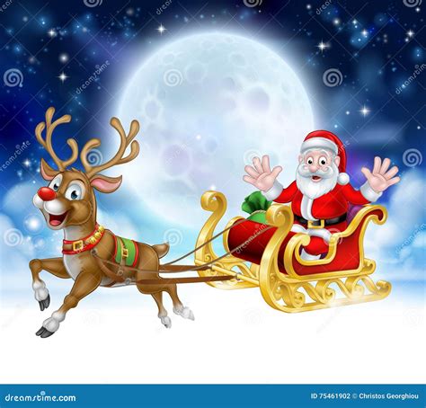 Cartoon Santa Reindeer Sleigh Christmas Scene Stock Vector ...