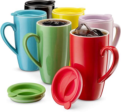 MITBAK 6-Pack Ceramic Coffee Mug Set with Lids (16-Ounce) | Large Colored Tumbler Mugs Great for ...
